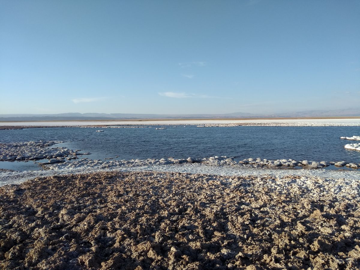 Salt flat lagoon in the Atacama Desert, a lithium brine source